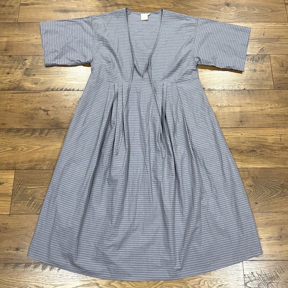 DEIJI STUDIOS Dress Womens XL Square Sleeve Pillow Check Midi V Neck Relaxed Fit